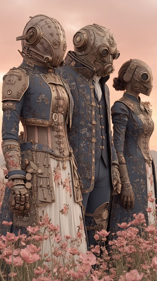 Steampunk Rococo Aristocrats in Field of Flowers