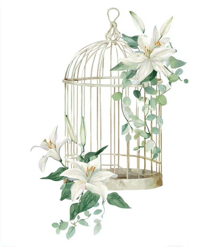 Watercolor Birdcage with Lilies and Greenery