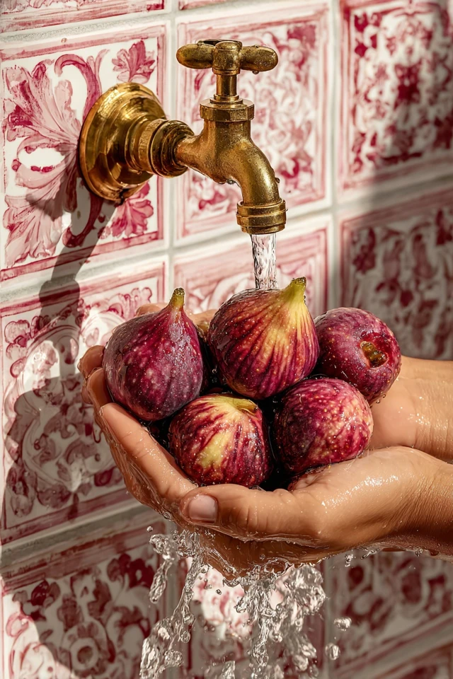 Fresh Figs Hands Water Brass Tap Mediterranean