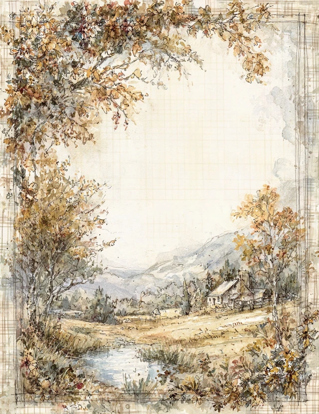 Charming Stationery Design Rural Scene Border Copy Space
