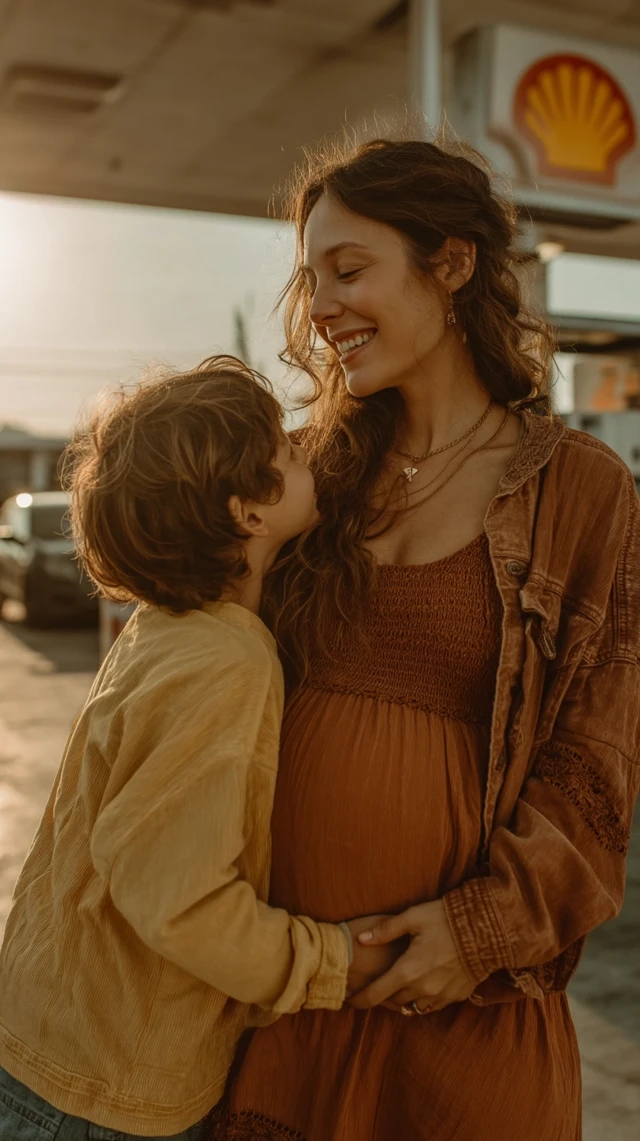 Mother and Son: Tender Moment at Shell Gas Station