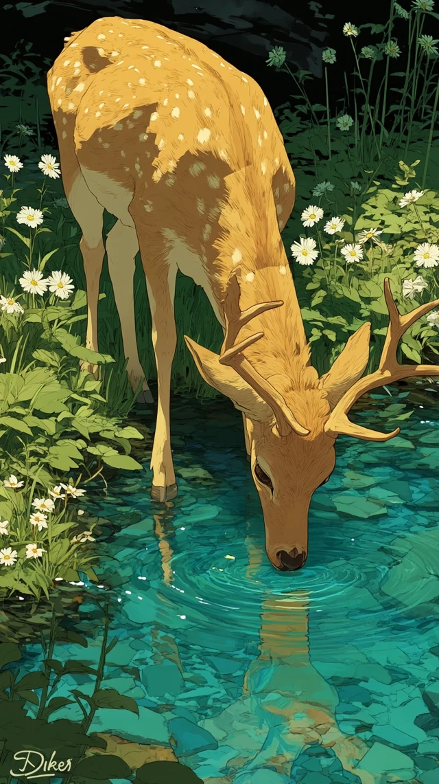 Anime Deer Drinking from Stream