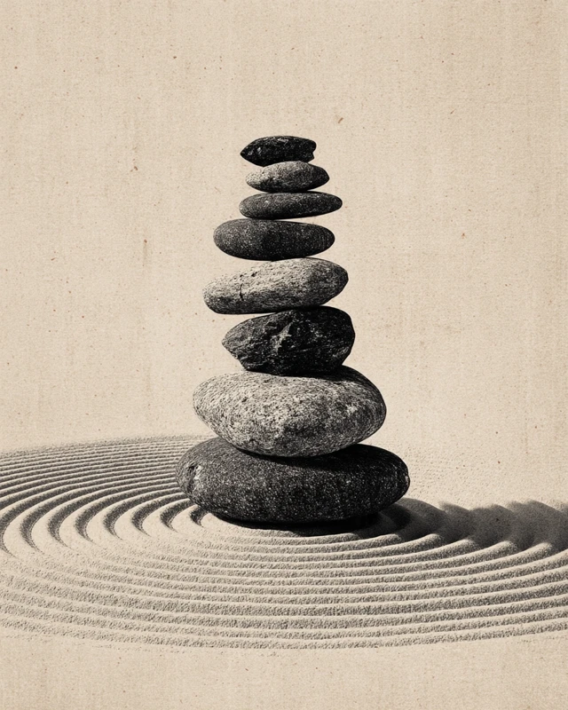 Japandi Zen Art Balancing Stones on Sand
