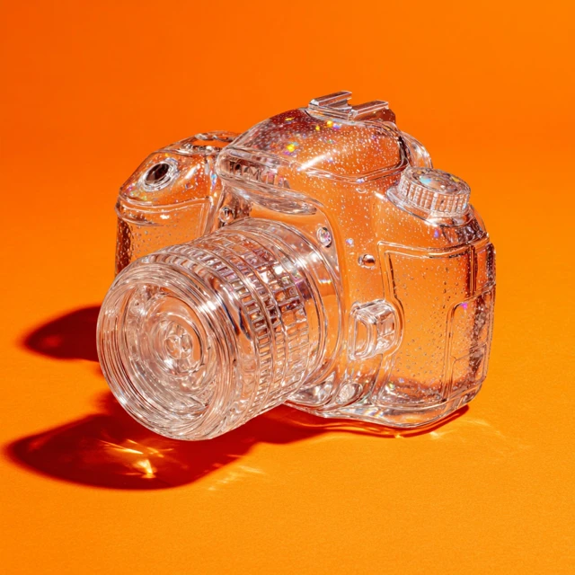 Glass Camera on Orange Background Photography