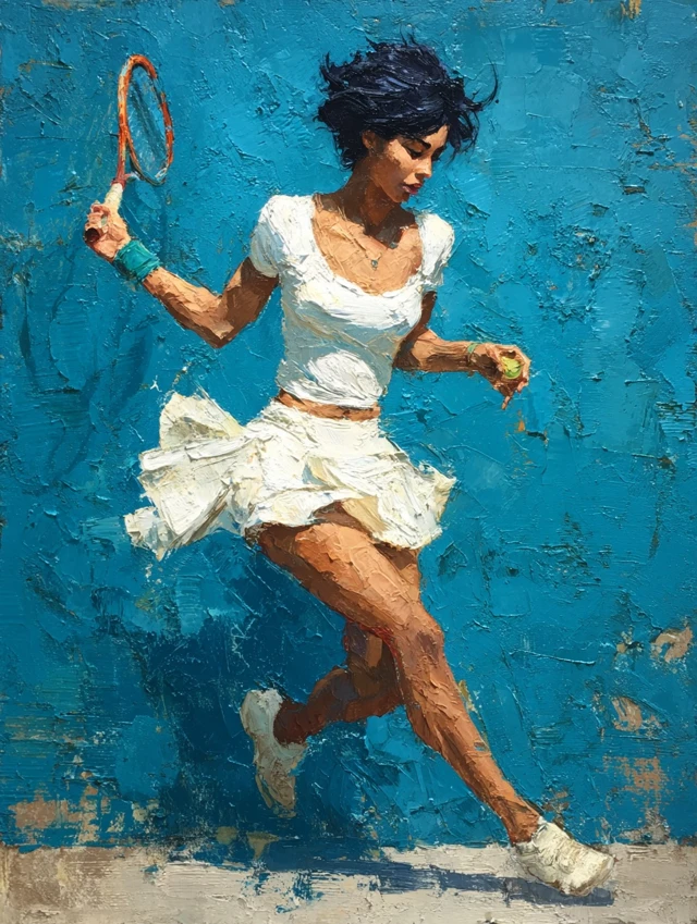 Tennis Painting Abstract Oil of Woman on Court