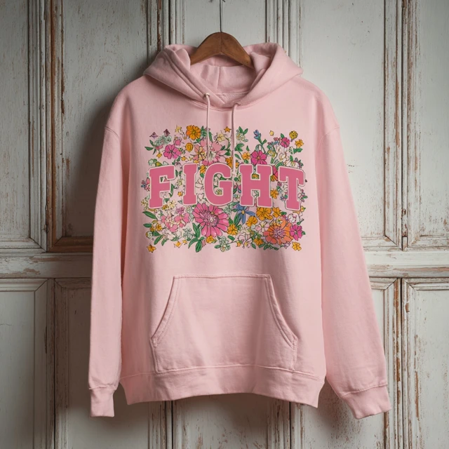 Pink FIGHT Hoodie Floral Design Positive Support Womens Casual