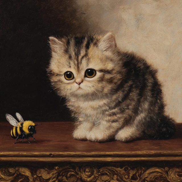 Bee Cat 19th Century Painting Kitten and Bee