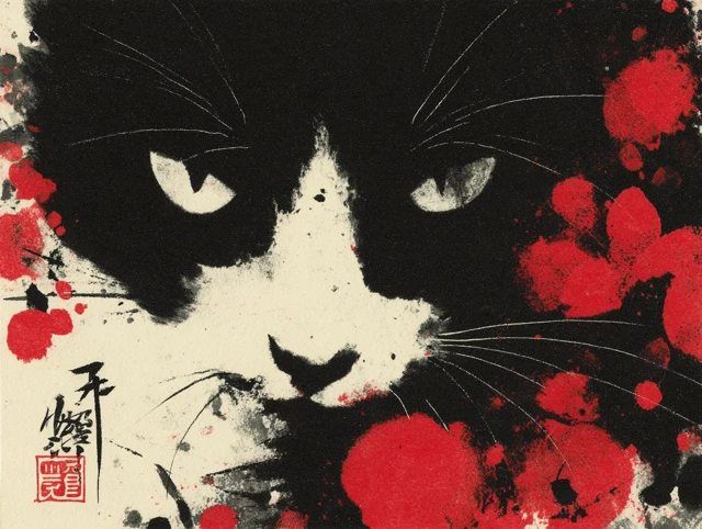 Cute Neko Cat Sumie Painting