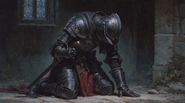 Tired Knight in a Dark Dungeon Oil Painting