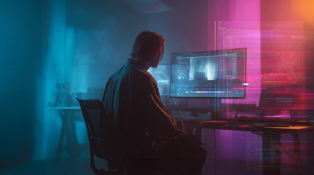 Creative Professional in Futuristic Editing Space