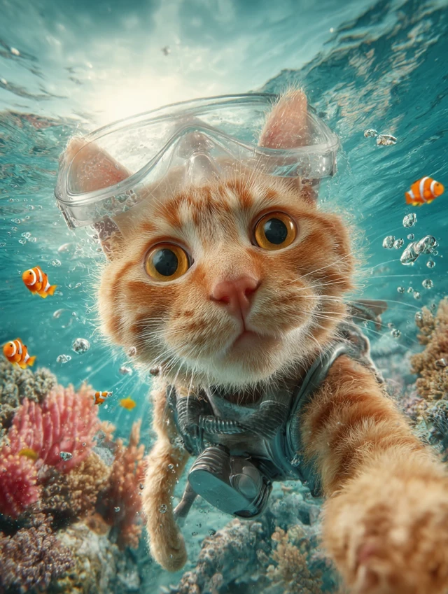 Underwater Cat Selfie with Tropical Fish