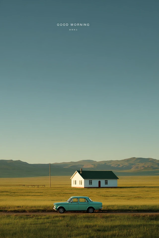 Old Car on Grassland Serene Landscape