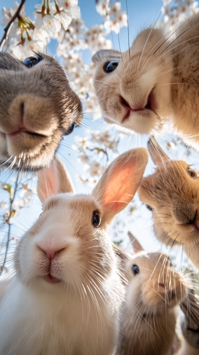 Adorable Rabbits Under Cherry Blossoms