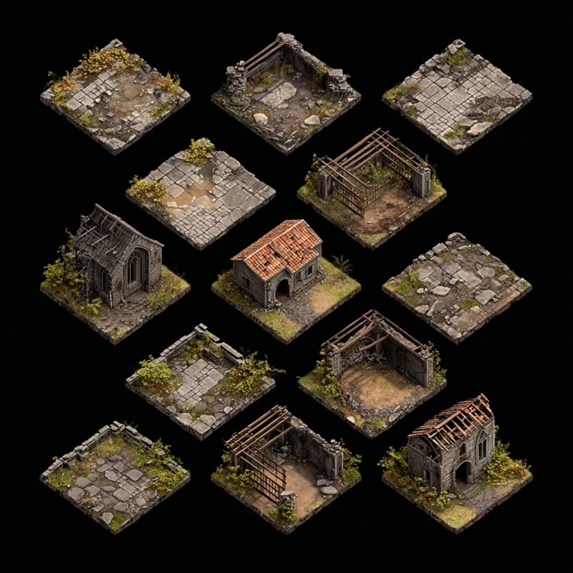 Isometric Tile Map Sprite Sheet Abandoned Town 3D