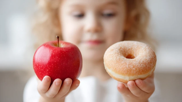 Girl choosing Apple or Donut Healthy Food Choice