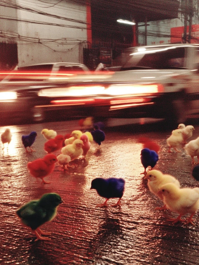 Vividly Colored Chicks Urban Scene