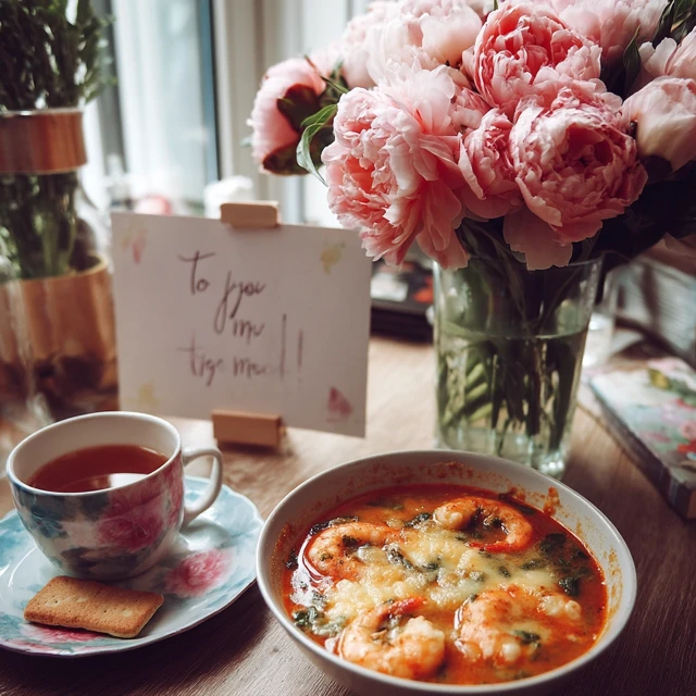 Cozy Kitchen Scene: Soup, Tea, and Peonies