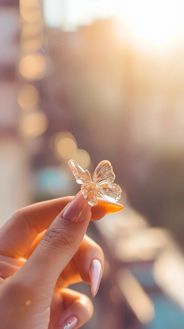 Crystal Butterfly Hand Pastel Nails Golden Hour