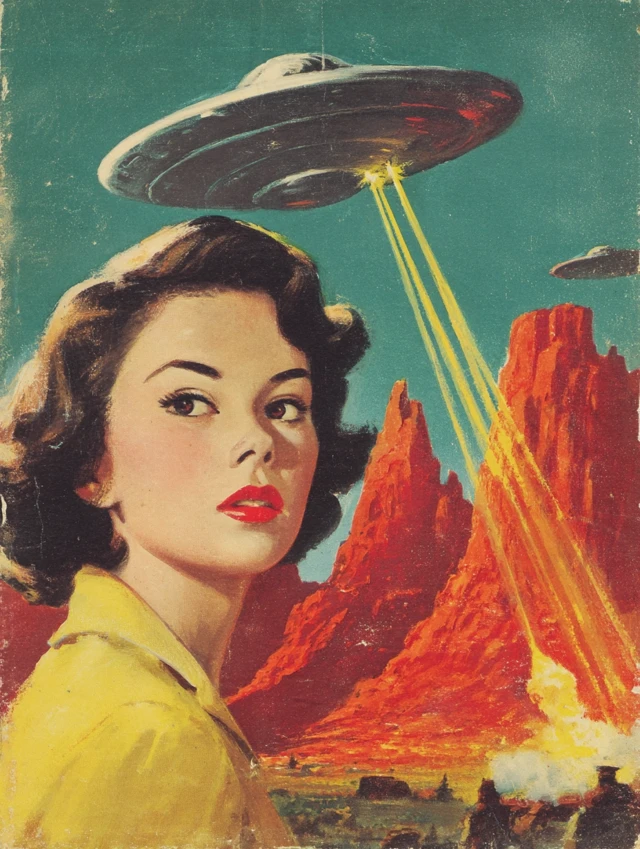 Retro SciFi Cover Art UFO and Woman