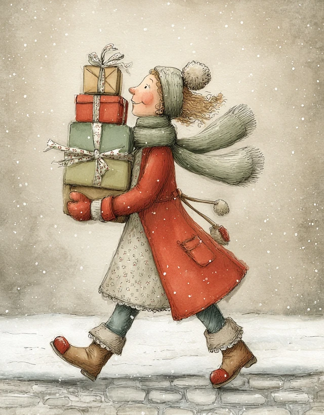 Christmas Illustration Woman Carrying Gifts