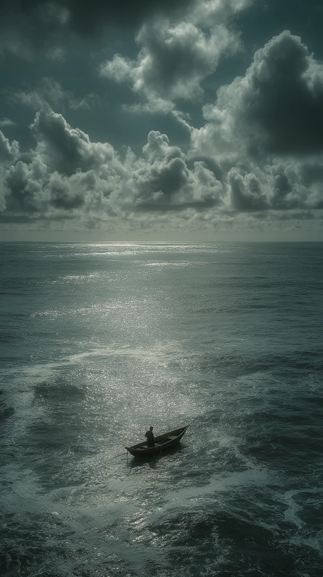 Man on Boat in Vast Ocean Cinematic Loneliness
