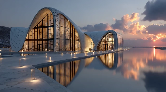 Futuristic Museum Design Glass Steel Sunset