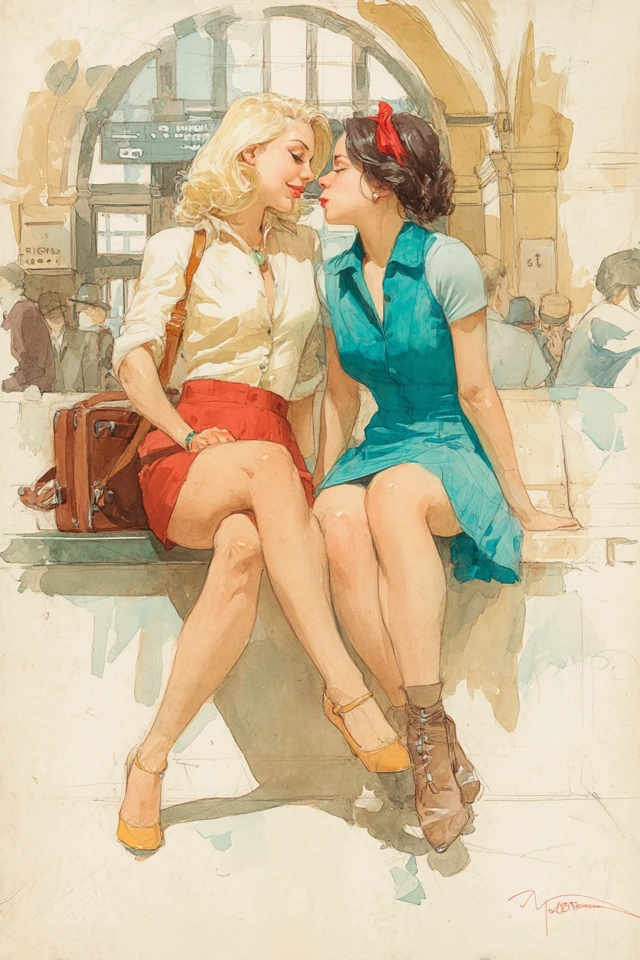 1940s Watercolor Art: Girlfriends in a Train Station