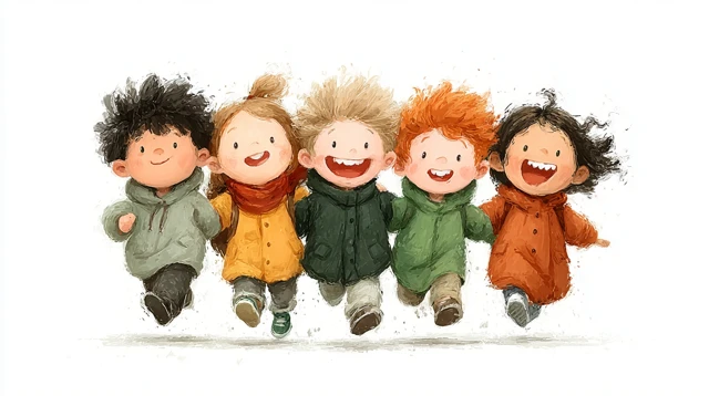 Cute Cartoon Kids Playing Together in the Schoolyard