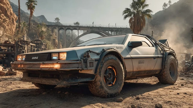 DeLorean in the Desert Hyperrealistic Cinematic Shot