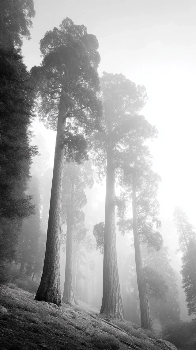 Foggy Sequoia Forest: Eerie Black and White Photography