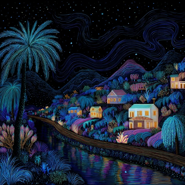 Neon Village Night Scene Tranquil Landscape