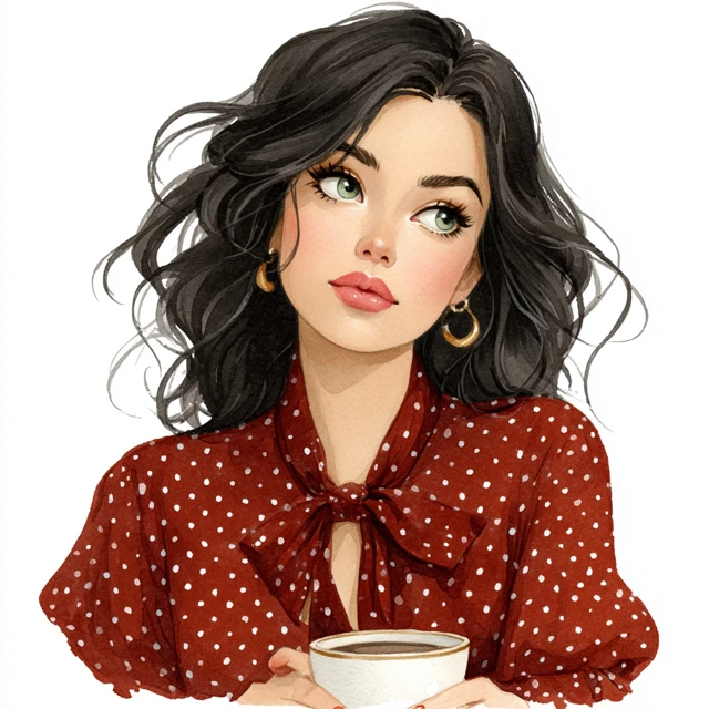 Watercolor Portrait of a European Girl with Coffee