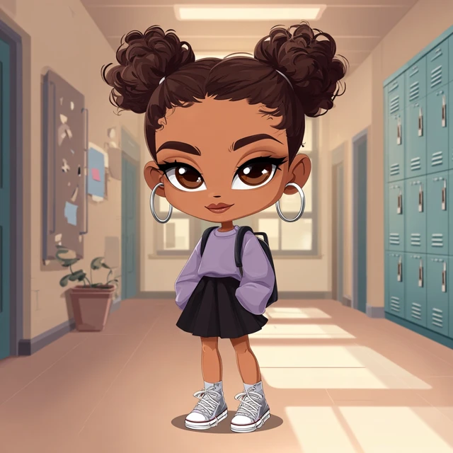 Chibi Girl in School Hallway Cartoon Illustration