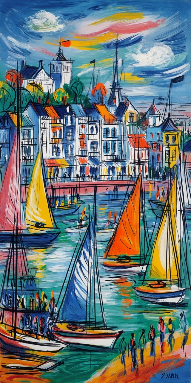 Abstract Painting Sailboats in Deauville Harbor Art
