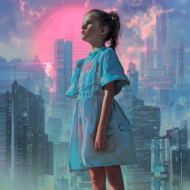 Vaporwave Girl in Futuristic City 80s Art