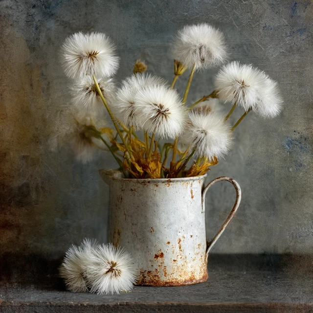 Fluffy Dandelions in Distressed Cup