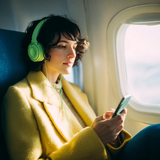 Woman on Airplane Listening to Music