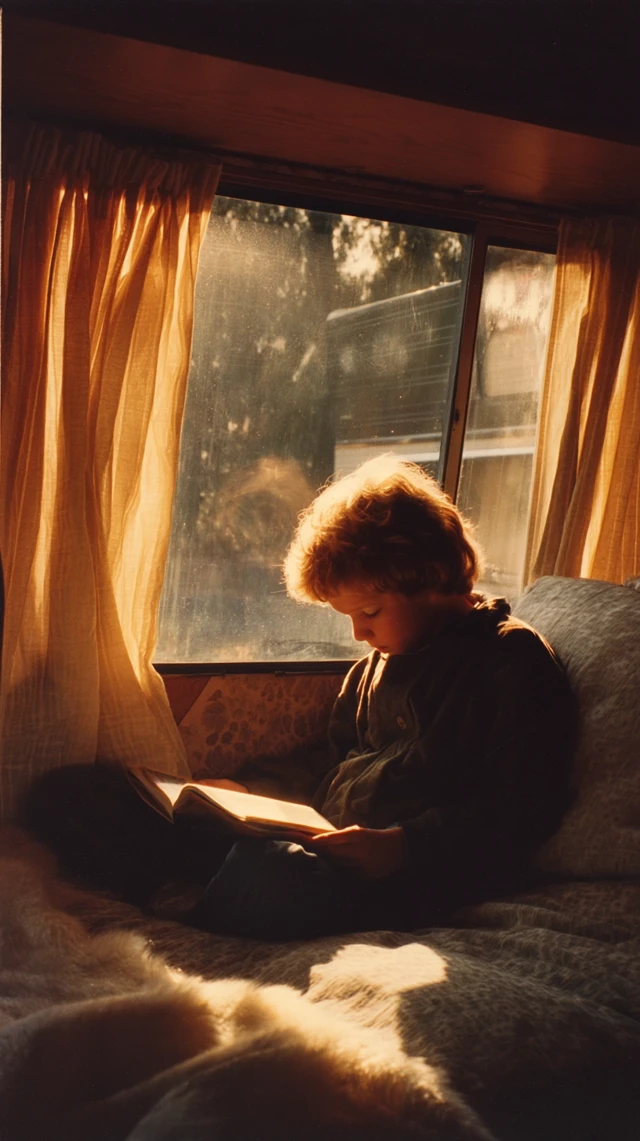 Boy Reading in Camper 1990s Sunset Kodak Shot