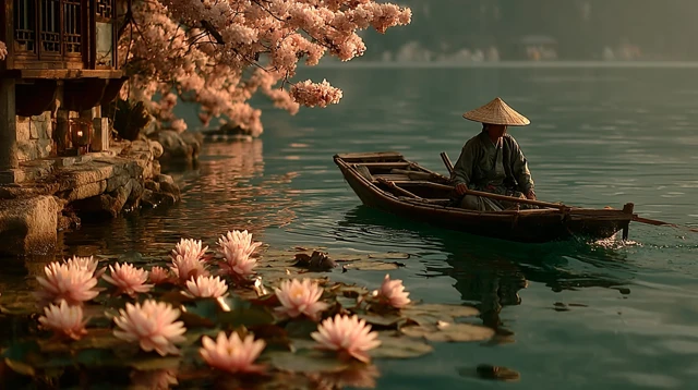 Scholar on West Lake Boat in Song Dynasty China