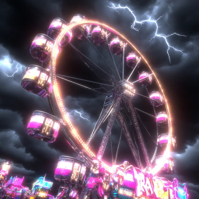 Futuristic Carnival with Ferris Wheel and Lightning
