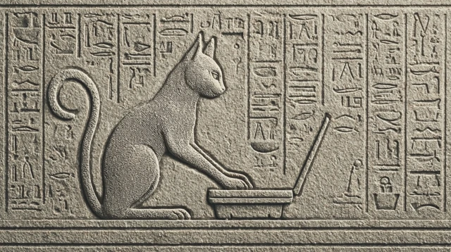 Hieroglyphic Cat Typing on a Laptop