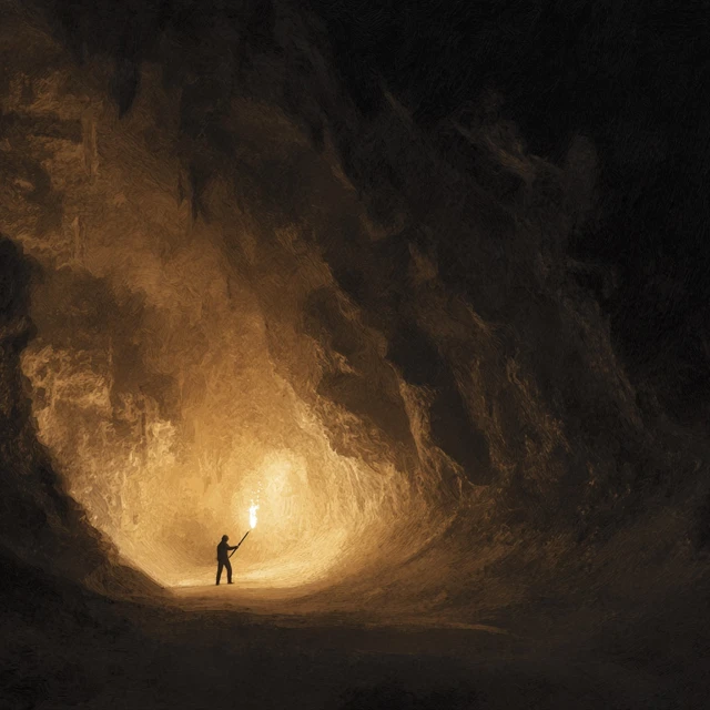 Dark Cave Exploration Torchlit Man