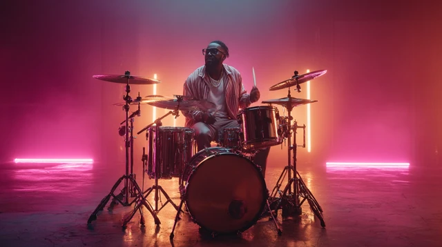 Jazz Drummer in Neon Lights 80s Style