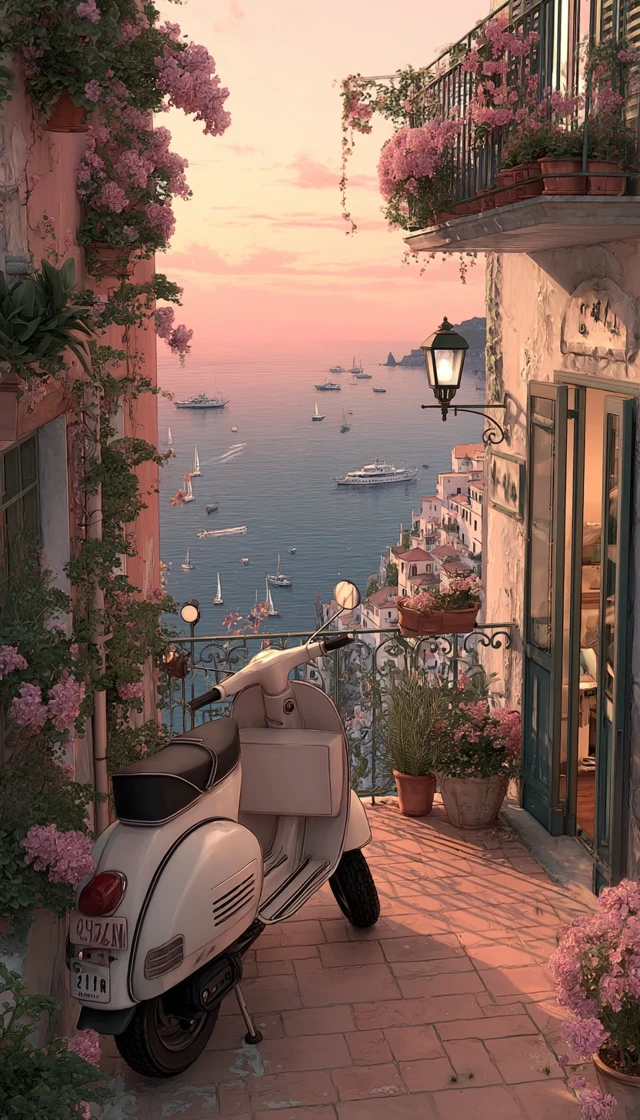 Italian Vespa Balcony Scene Sunset View Painting