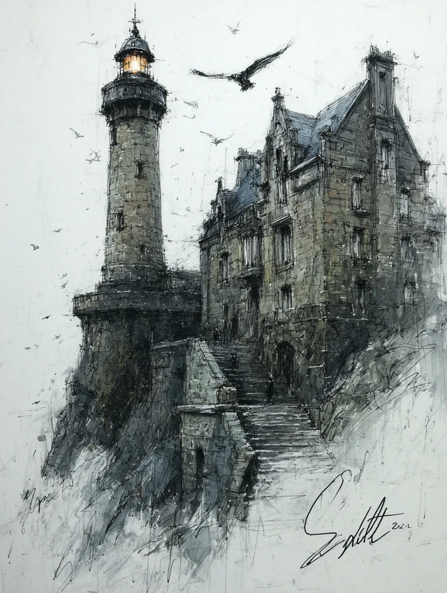 Graphite Sketch Lighthouse on Cliff