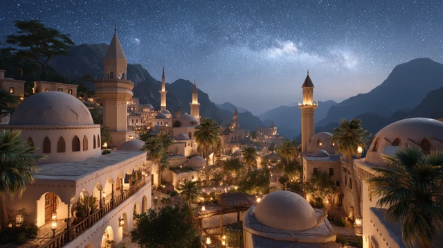 Mystical Islamic Village Night Scene