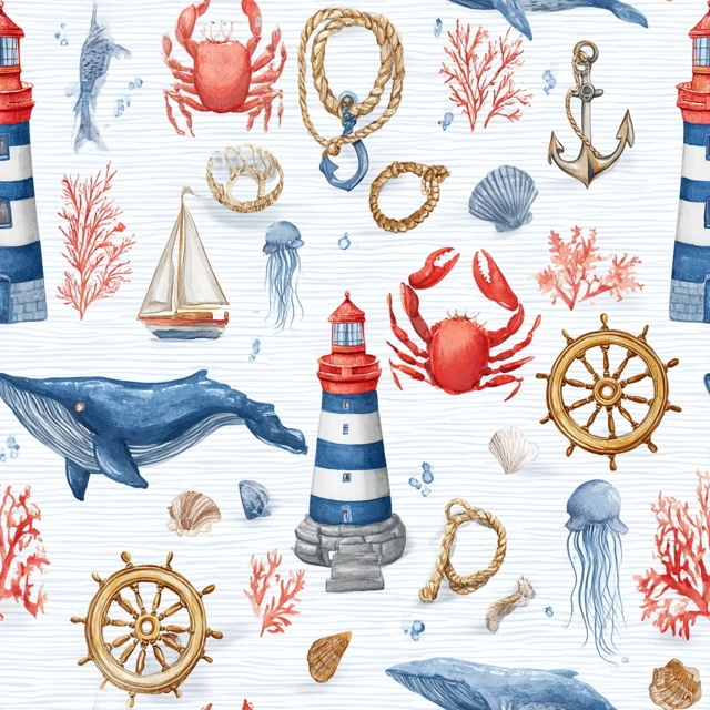 Nautical Seamless Pattern Watercolor Illustration