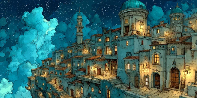 Fantasy Cityscape Night Scene Wallpaper Illustration
