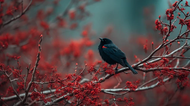 Black Bird in Red Tree Nature Photography