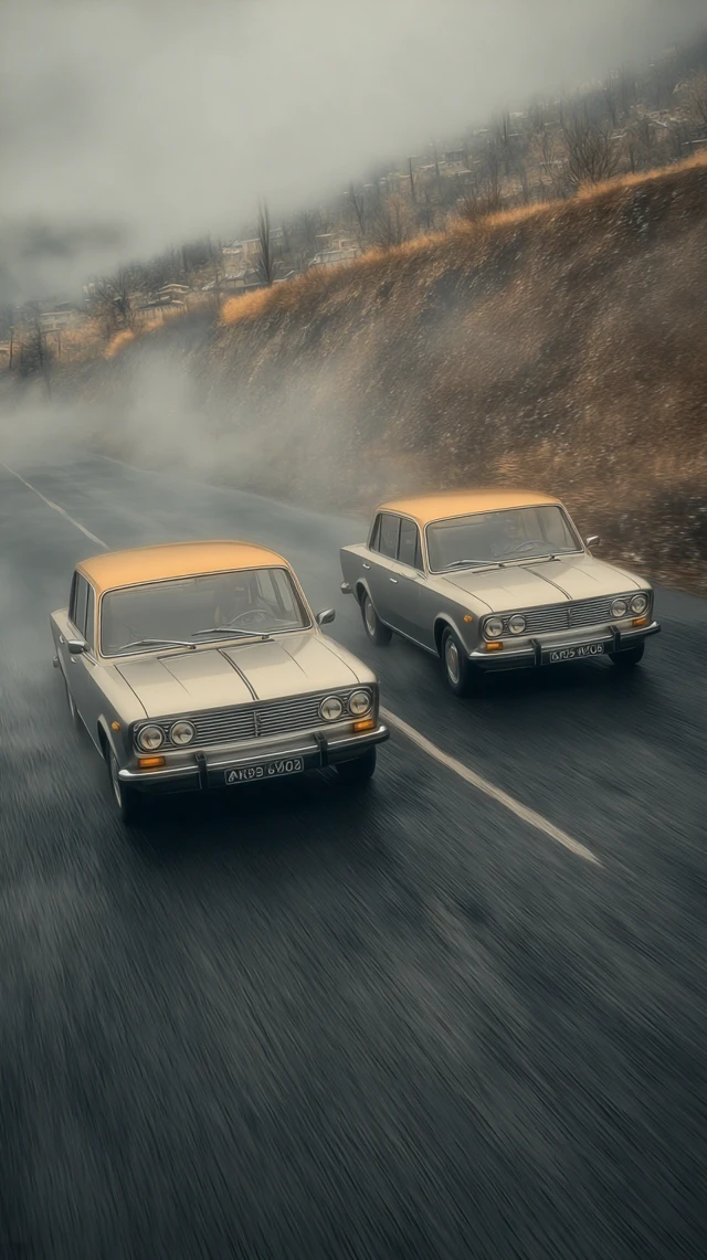 Soviet Sedans Race Across Eastern European Highway